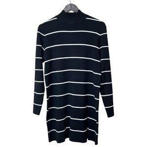 Cable & Gage Tunic Length Mock Neck Sweater - Black and White Stripe